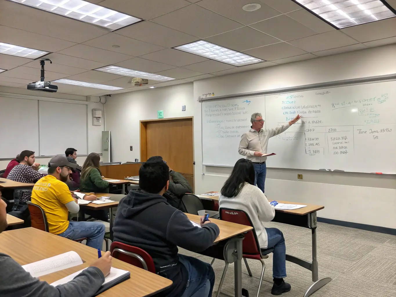 A photograph of a professor lecturing in a business class at Daytona Beach Christian University, highlighting the integration of Christian values in business education.